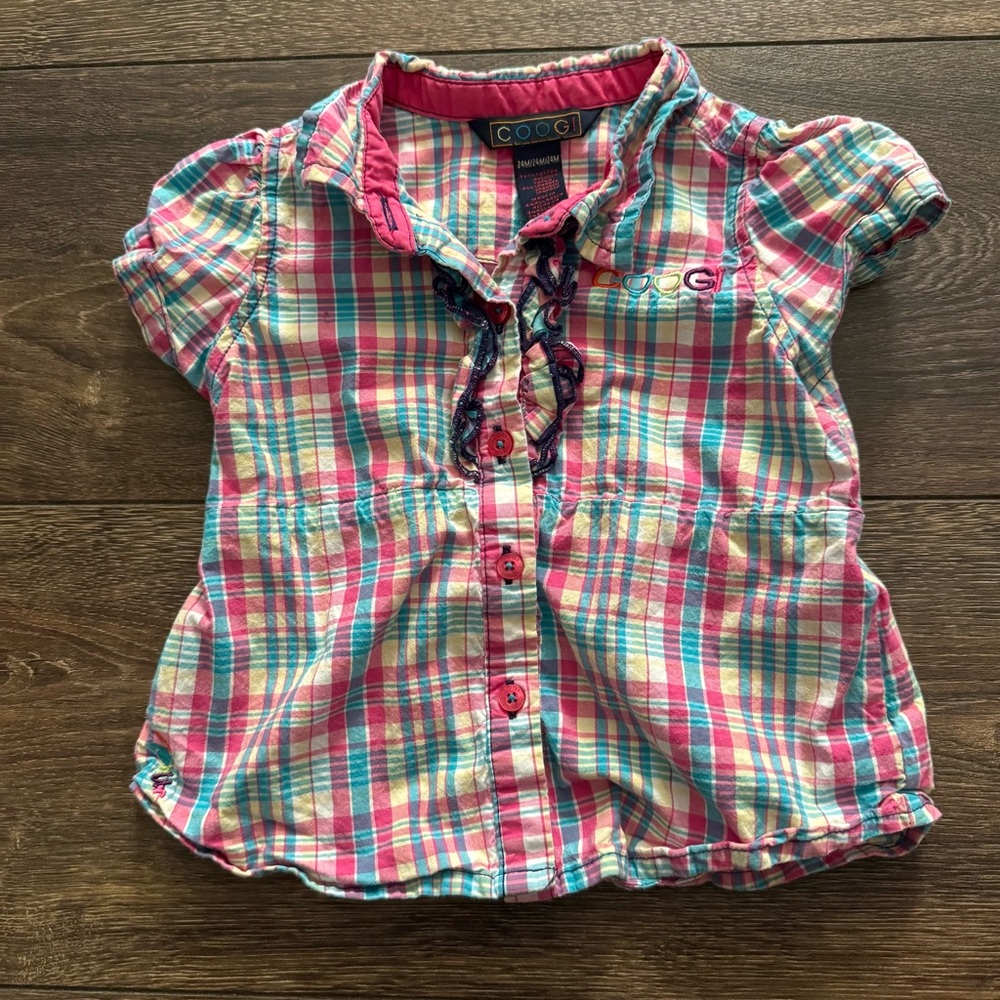 COOGI Toddler Pink and Blue Button Shirt with Ruffled Details